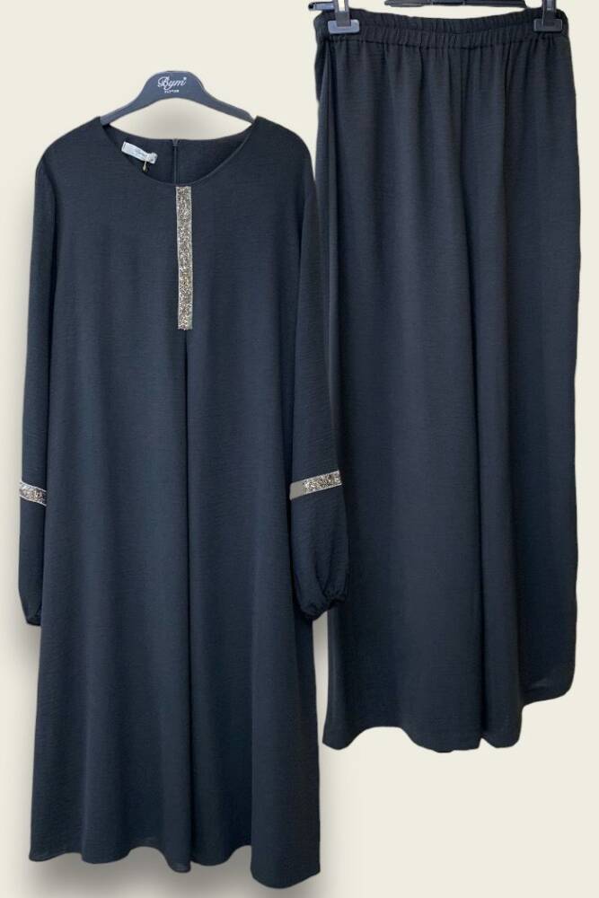 Taş İşleme Detaylı Pantolonlu Tunik Takım 8464 Siyah - 1