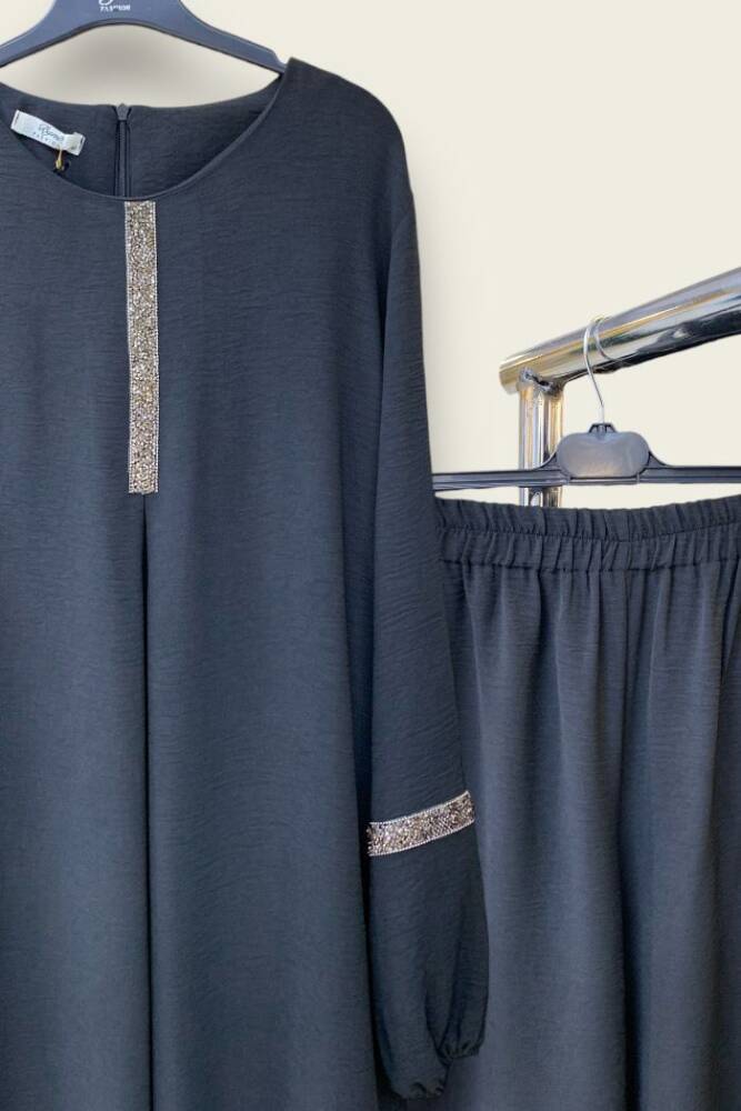 Taş İşleme Detaylı Pantolonlu Tunik Takım 8464 Siyah - 2