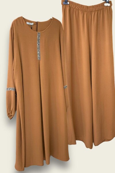 Taş İşleme Detaylı Pantolonlu Tunik Takım 8464 Taba 