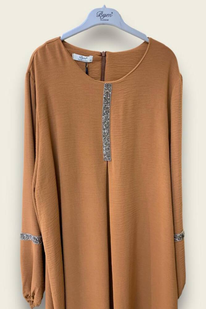 Taş İşleme Detaylı Pantolonlu Tunik Takım 8464 Taba - 2