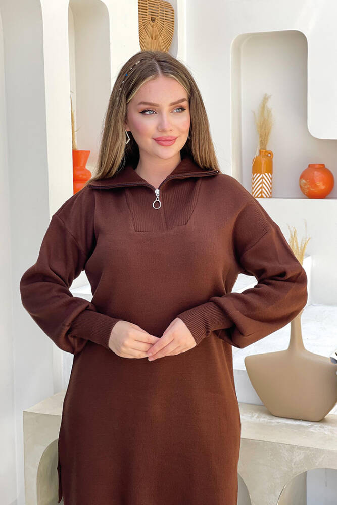 Yakası Fermuarlı Tunik Ve Pantolon İkili Triko Takım 2-1535 Kahverengi - 4