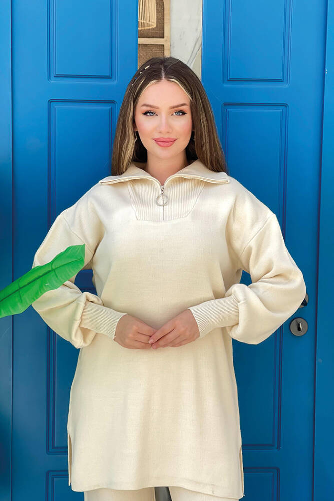 Yakası Fermuarlı Tunik Ve Pantolon İkili Triko Takım 2-1535 Taş - 4