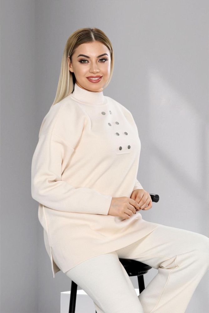 Yarım Balıkçı Önü Düğme Detaylı Takım 1630 Taş - 4